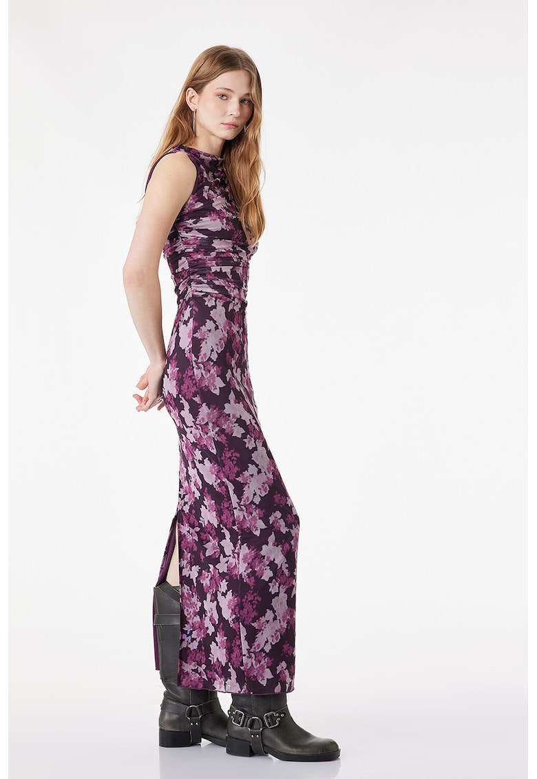Rochie maxi cambrata cu model floral - Fucsia/Violet aubergine/Roz pal