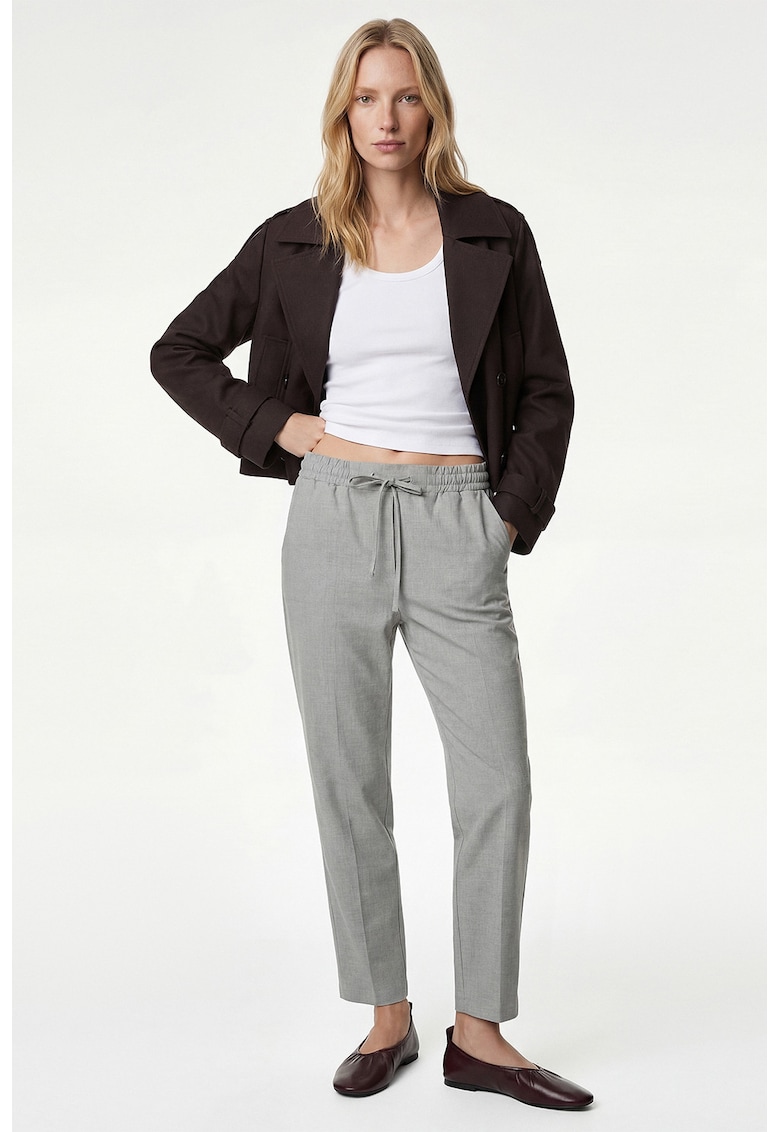Pantaloni conici cu pliuri si snur - Gri melange