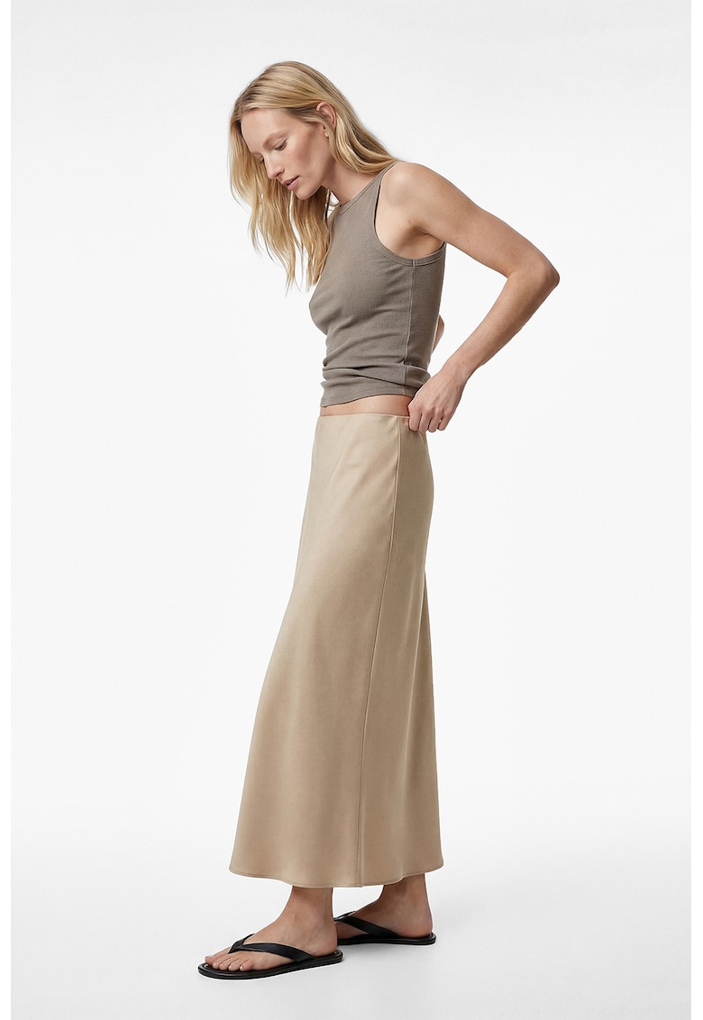 Fusta midi cu aspect de satin si croiala pe bie - Bej