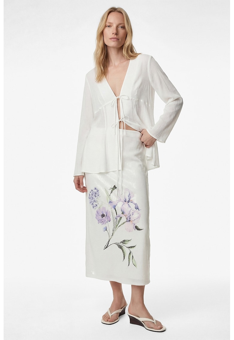 Fusta cu talie medie si model floral - Alb/Lila