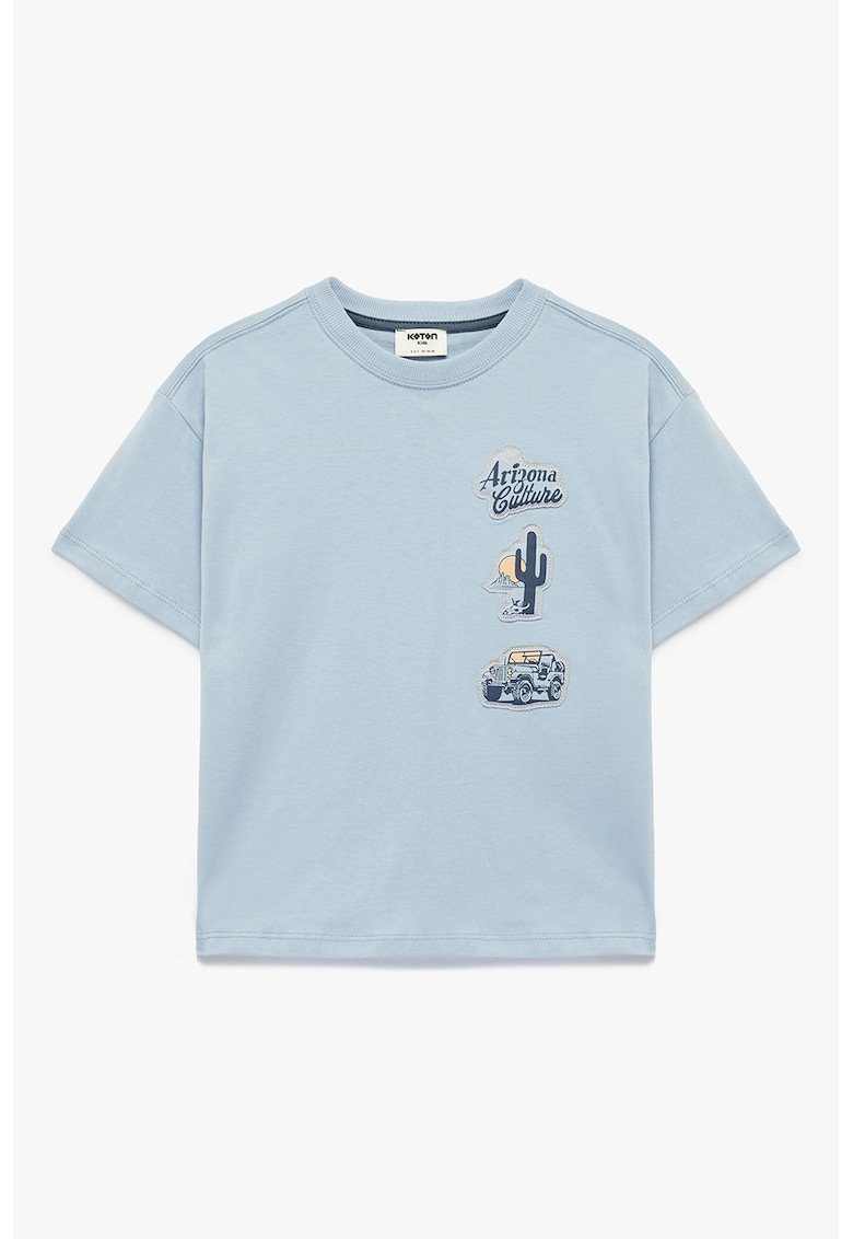 Tricou de bumbac cu decolteu la baza gatului si aplicatii - Albastru deschis melange