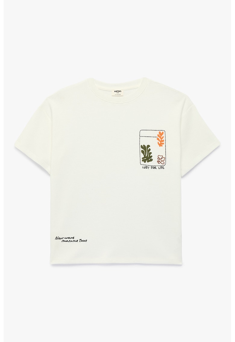 Tricou de bumbac cu decolteu la baza gatului - Verde/Portocaliu/Alb murdar