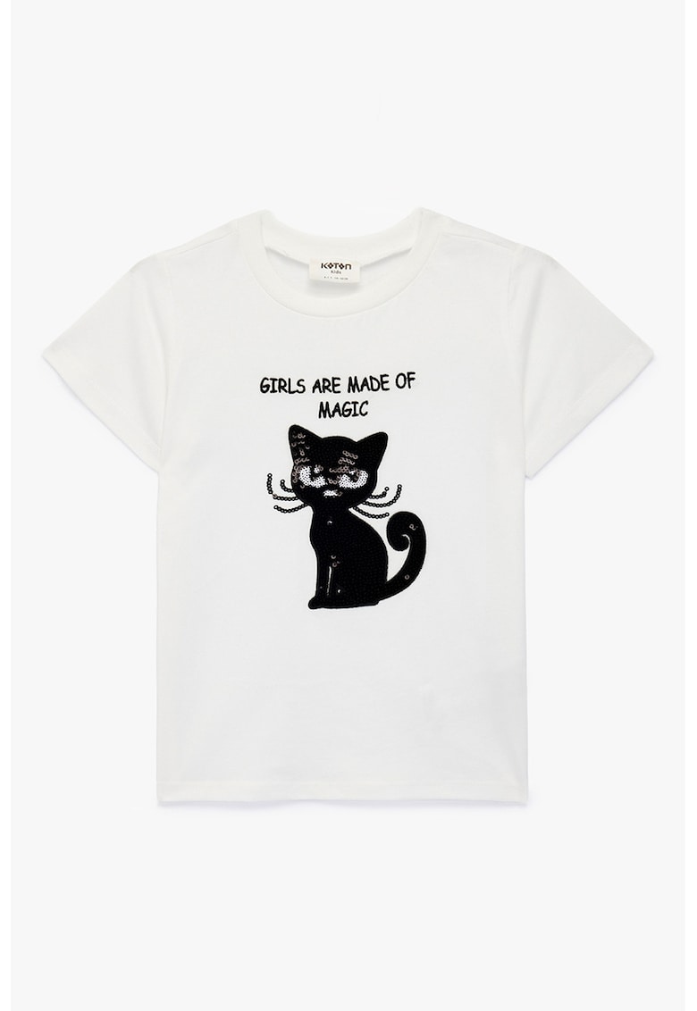 Tricou cu imprimeu text si pisica - Alb/Negru