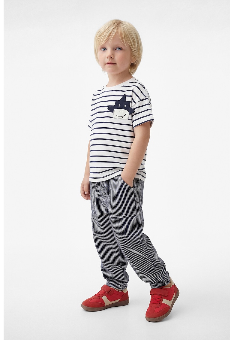 Tricou de bumbac cu dungi si buzunar pe piept - Alb/Albastru ultramarin