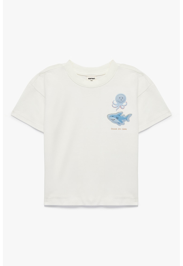 Tricou de bumbac cu broderie rechin - Alb/Albastru