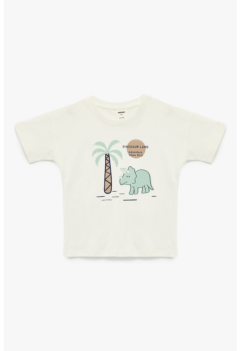 Tricou de bumbac cu dinozaur - Verde/Alb fildes/Maro taupe