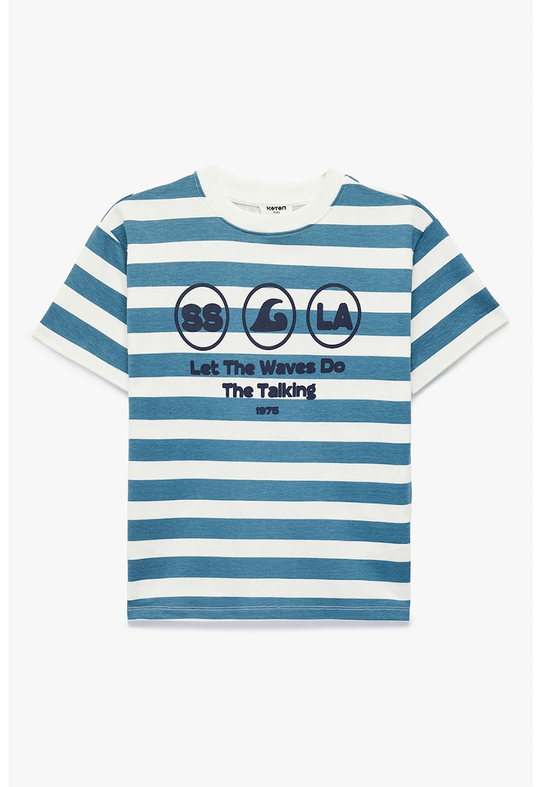 Tricou cu dungi si imprimeu grafic - Alb/Albastru petrol