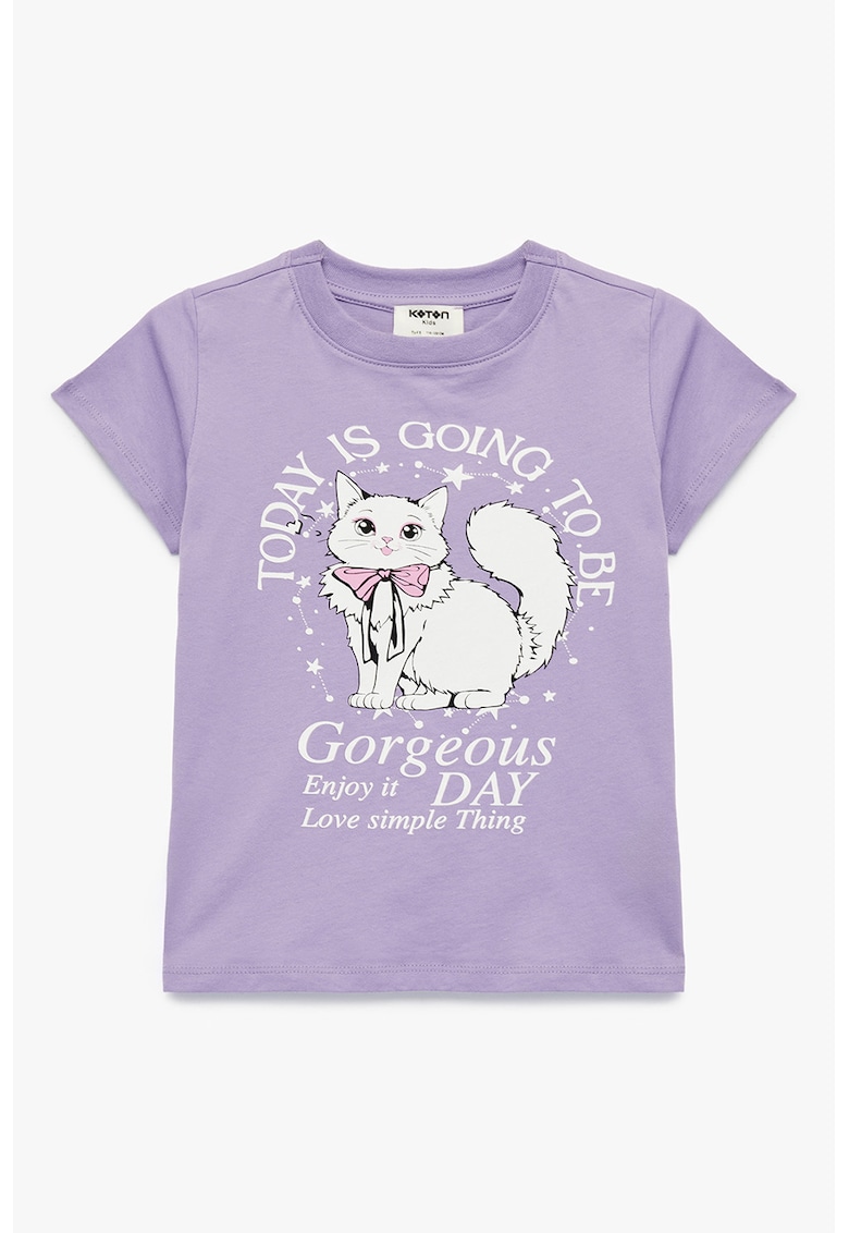 Tricou cu pisicuta si text - Alb/Lila