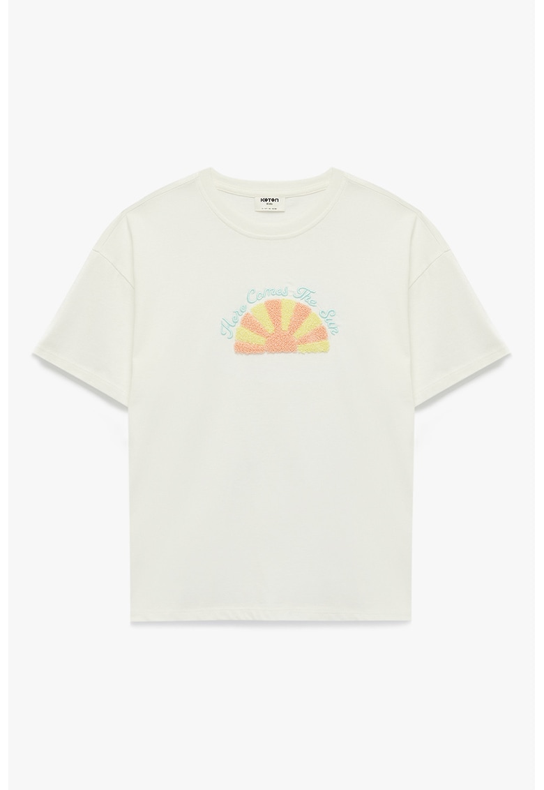 Tricou de bumbac cu decolteu la baza gatului - Alb/Galben/Portocaliu