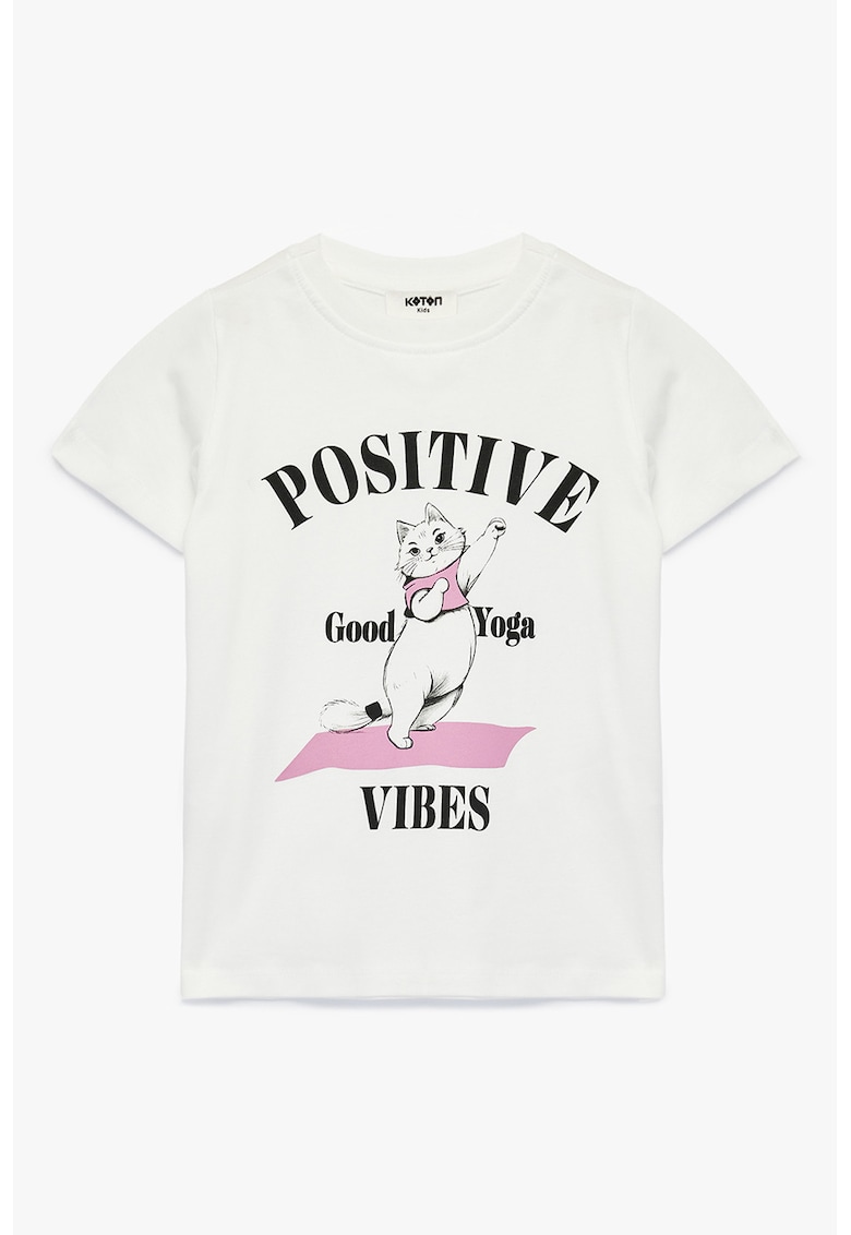 Tricou cu pisica si text - Alb/Negru/Roz