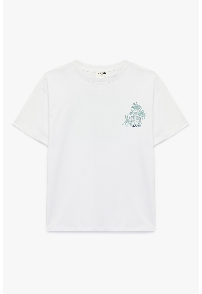 Tricou de bumbac cu imprimeu text si grafic - Verde pal/Alb murdar