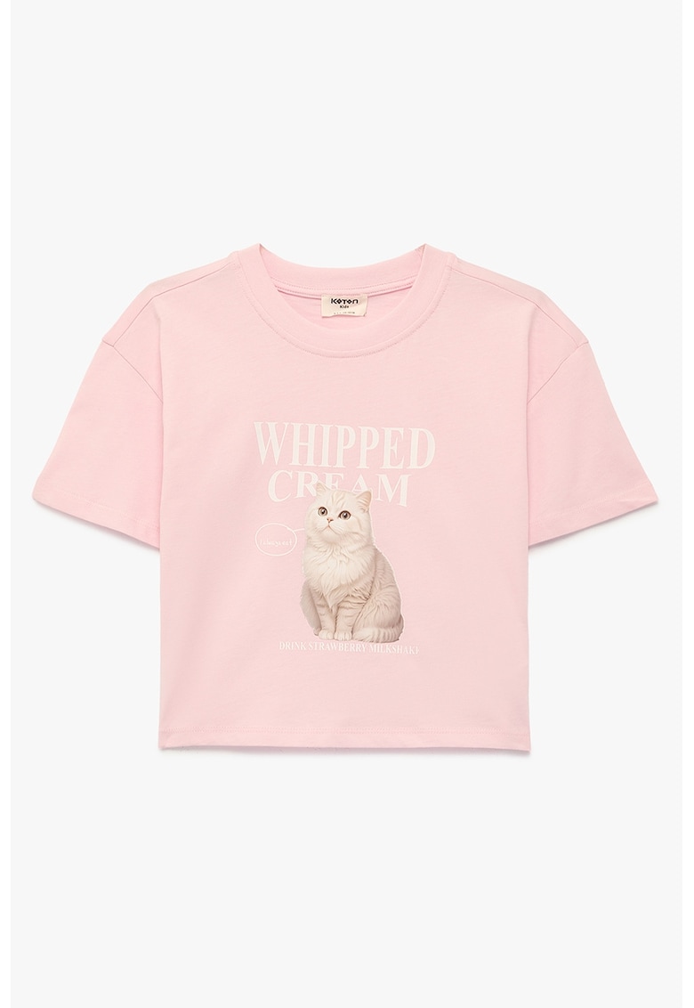 Tricou de bumbac cu imprimeu pisica - Alb/Roz