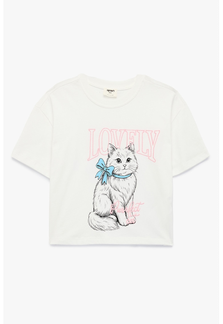 Tricou cu decolteu la baza gatului si imprimeu pisica - Alb/Roz pastel