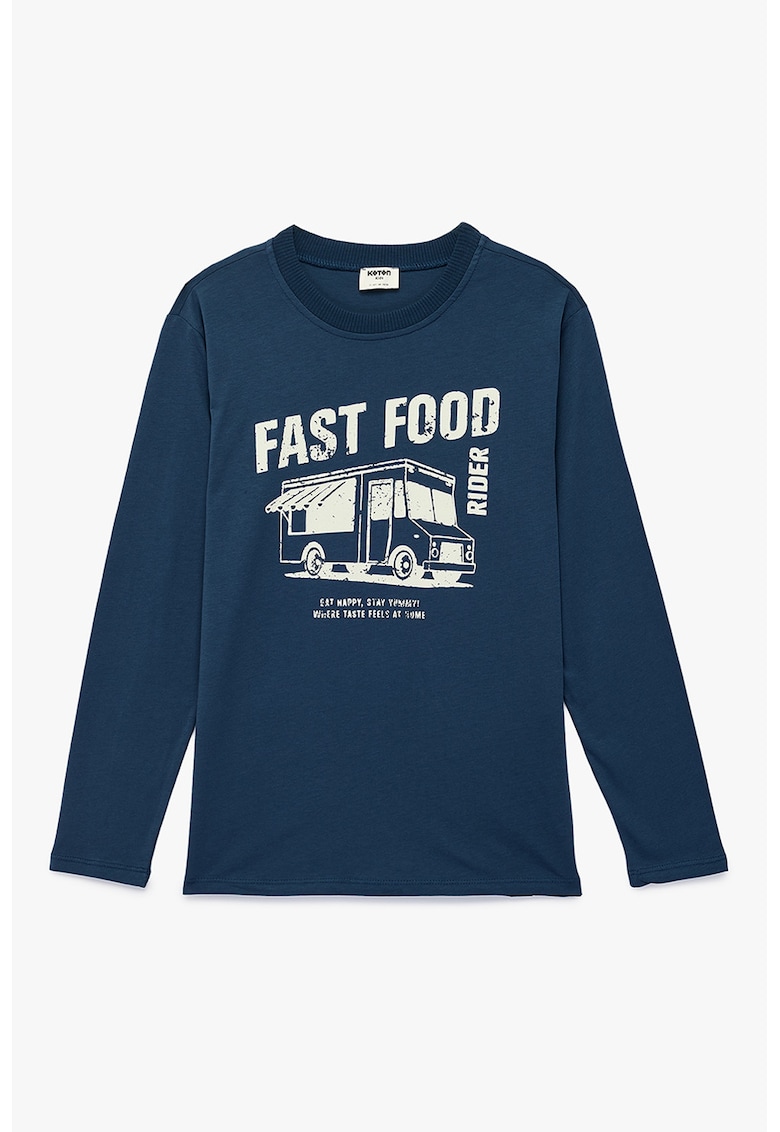 Bluza cu decolteu la baza gatului si imprimeu grafic - Alb/Albastru gentian