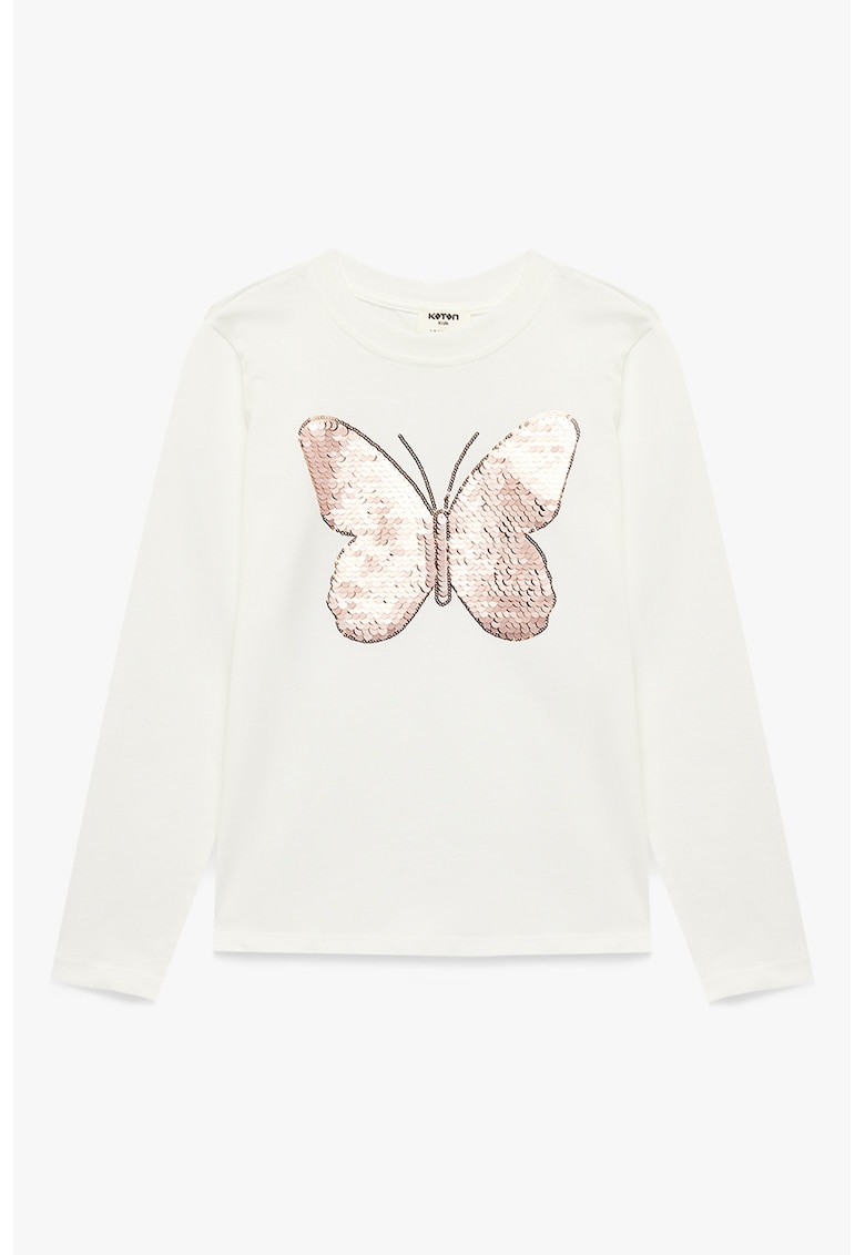 Bluza din bumbac cu paiete in forma de fluture - Roz stins/Alb murdar