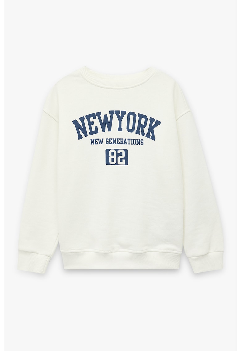 Bluza de trening cu maneci cazute si imprimeu - Alb fildes/Bleumarin