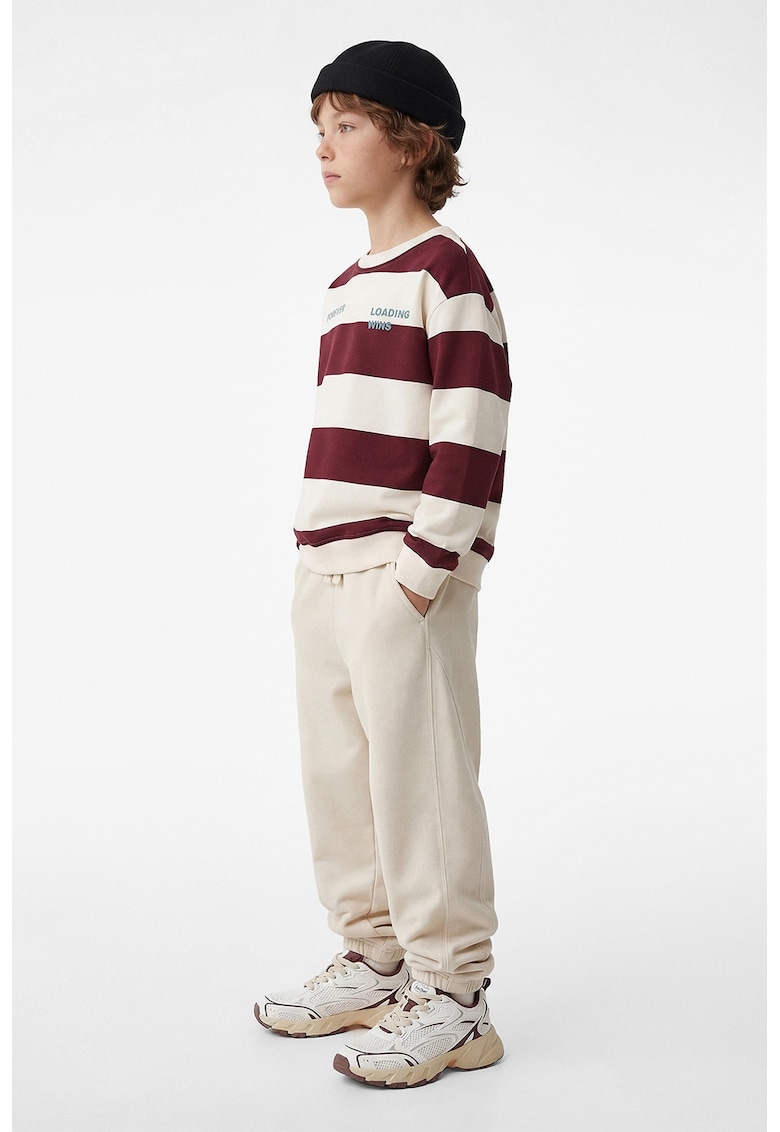 Bluza de trening cu dungi si imprimeu text - Alb fildes/Rosu inchis