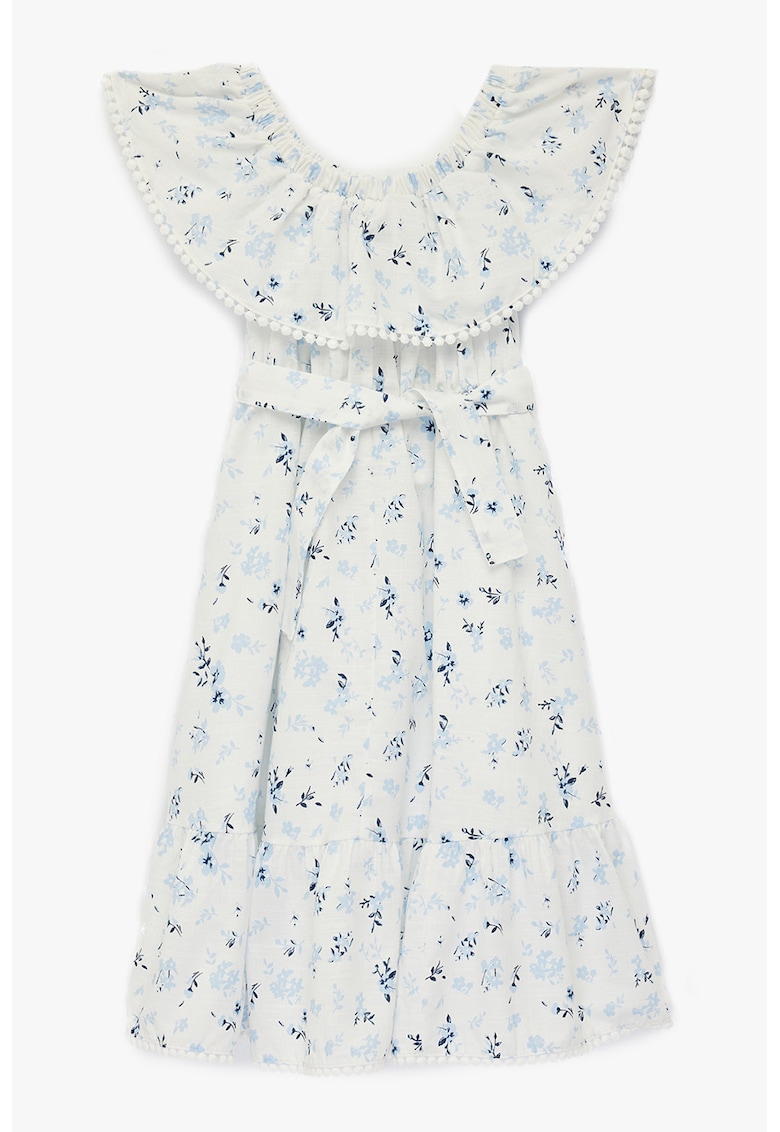 Rochie cu model floral si decolteu pe un umar - Alb murdar/Albastru deschis/Bleumarin