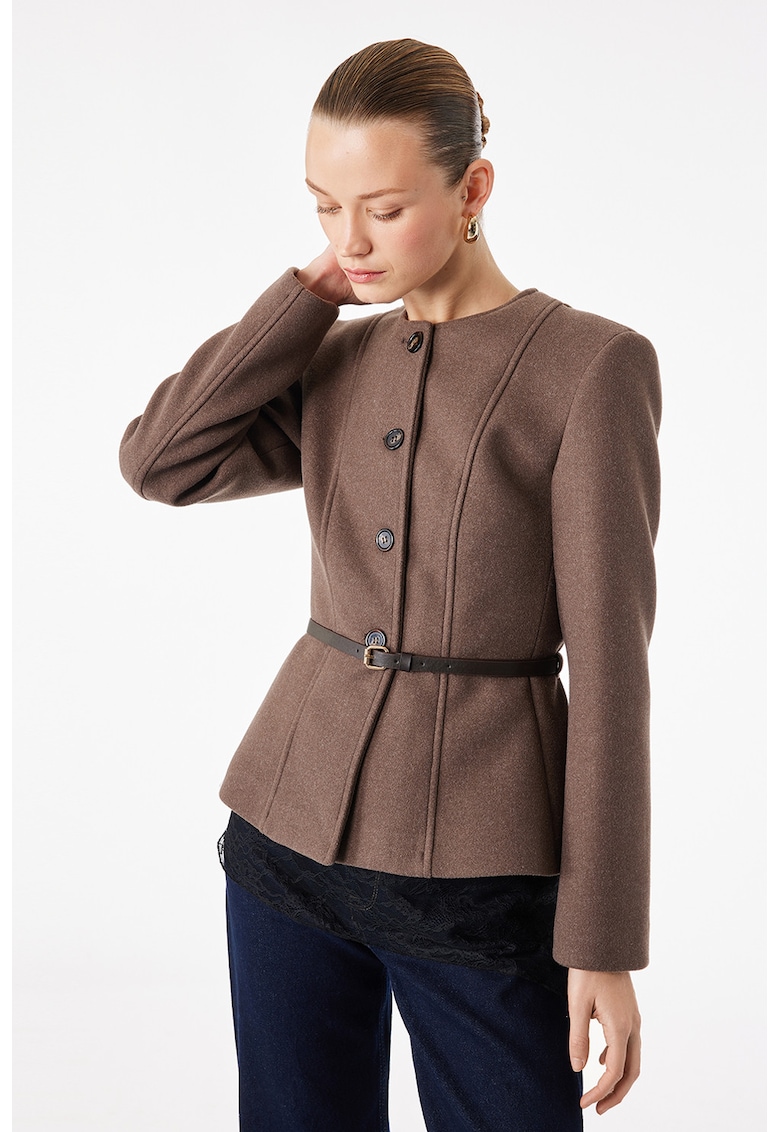Jacheta slim fit cu nasturi si curea - Maro inchis