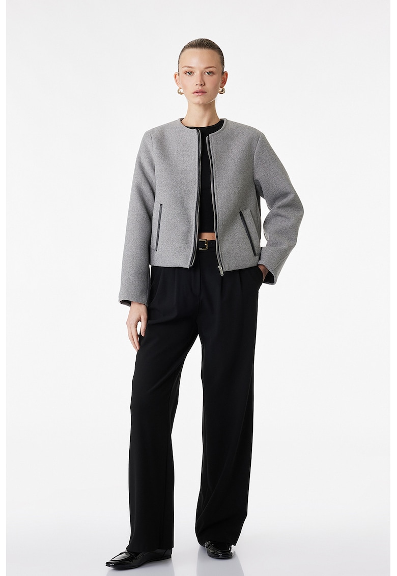 Jacheta cu fermoar si decolteu rotund - Gri melange