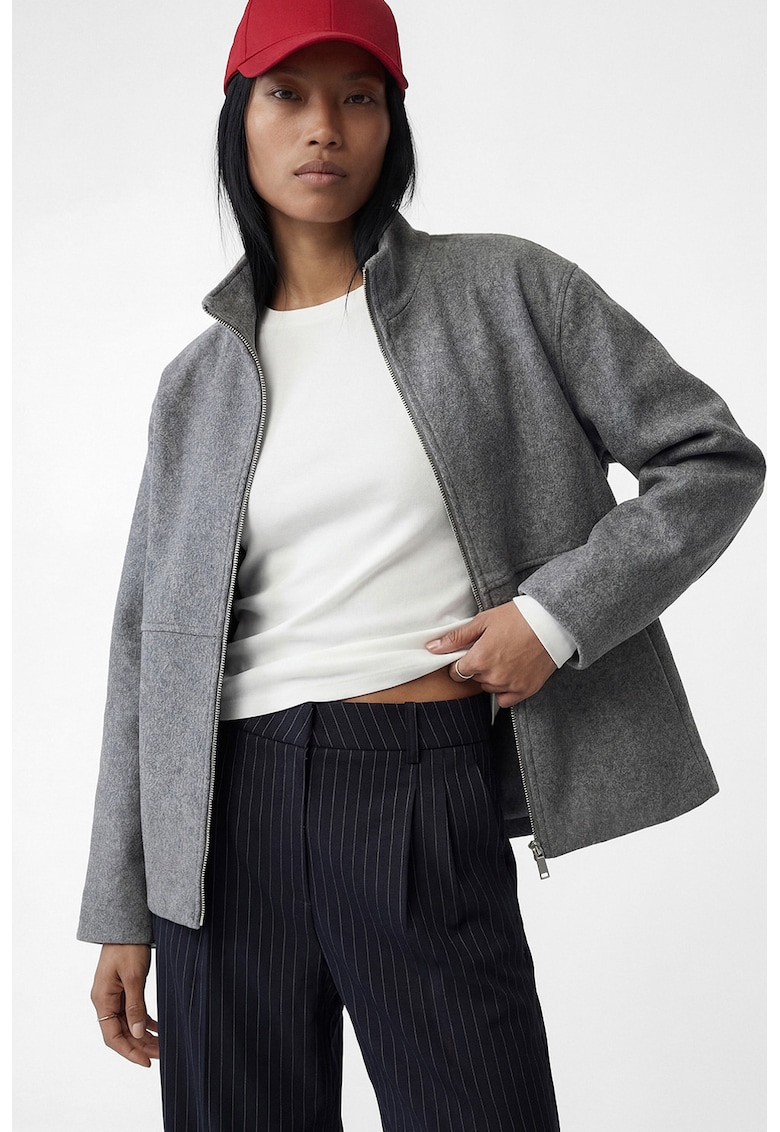 Jacheta cu fermoar si guler scurt - Gri melange