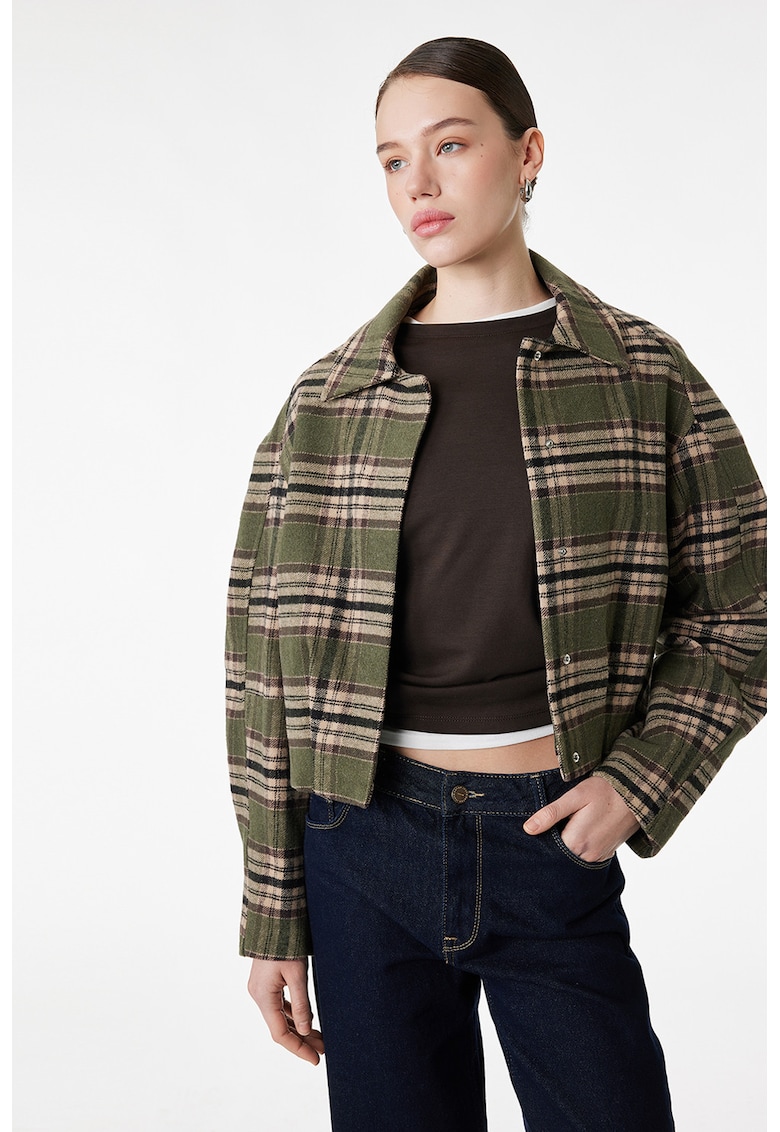 Jacheta-camasa in carouri cu capse - Negru/Bej nisip/Verde masliniu inchis