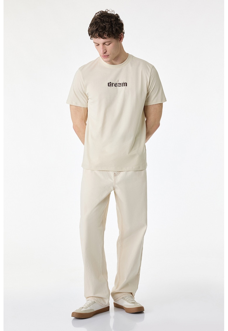 Tricou de bumbac cu decolteu la baza gatului - Bej deschis