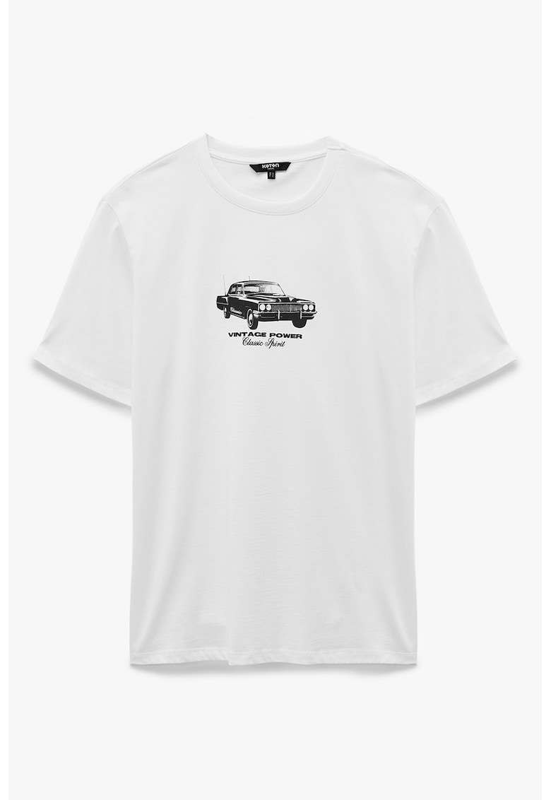 Tricou cu decolteu la baza gatului si imprimeu grafic - Alb/Negru