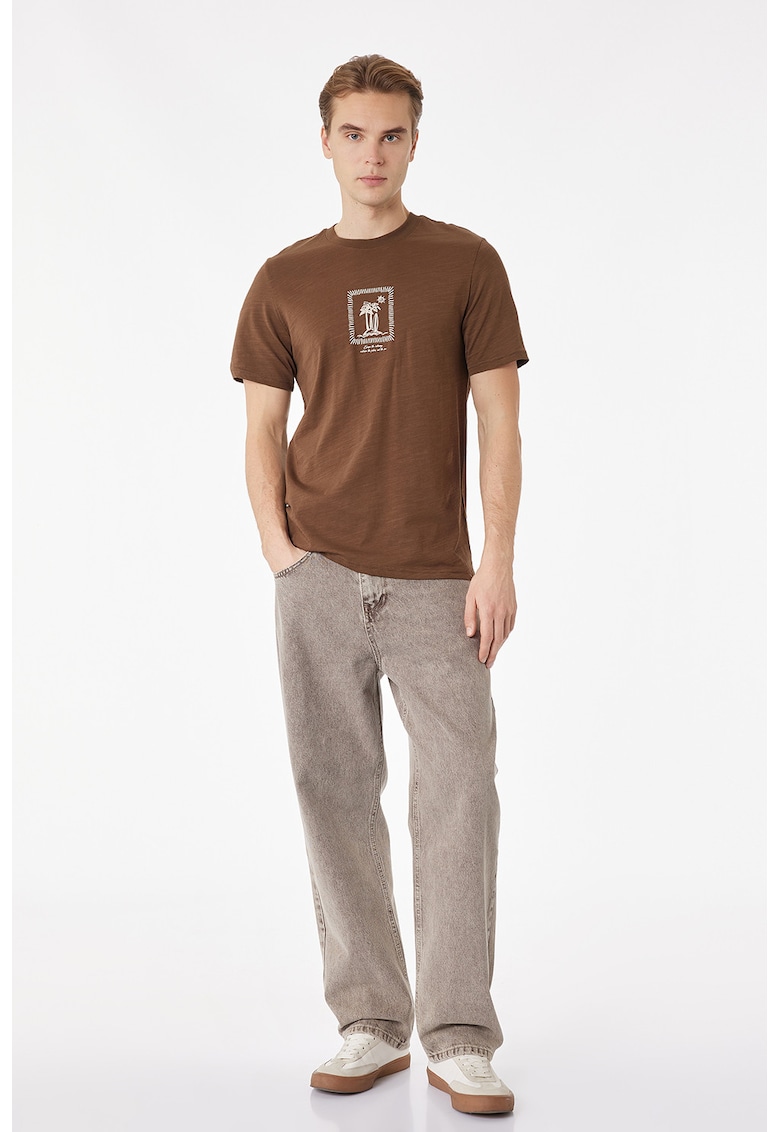 Tricou de bumbac cu decolteu la baza gatului - Caramel