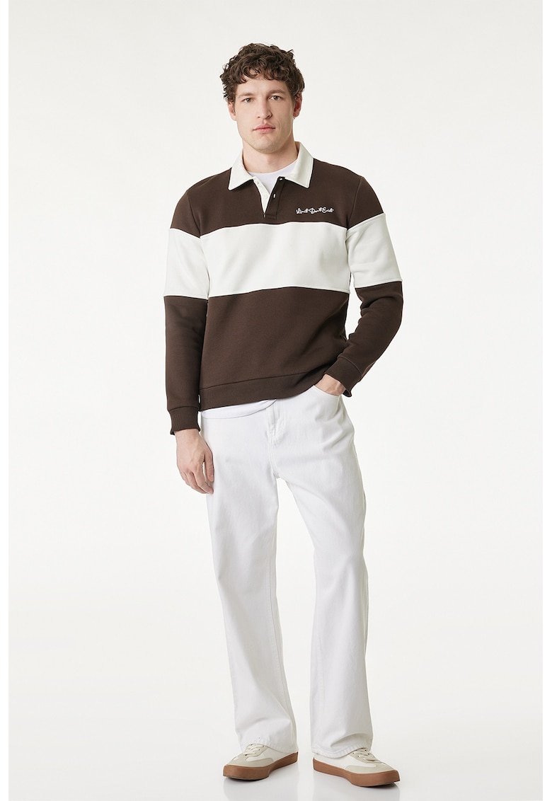 Bluza de trening polo cu dungi - Maro inchis/Alb fildes