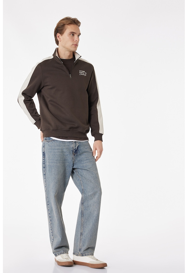 Bluza de trening cu insertii contrastante - Alb fildes/Maro