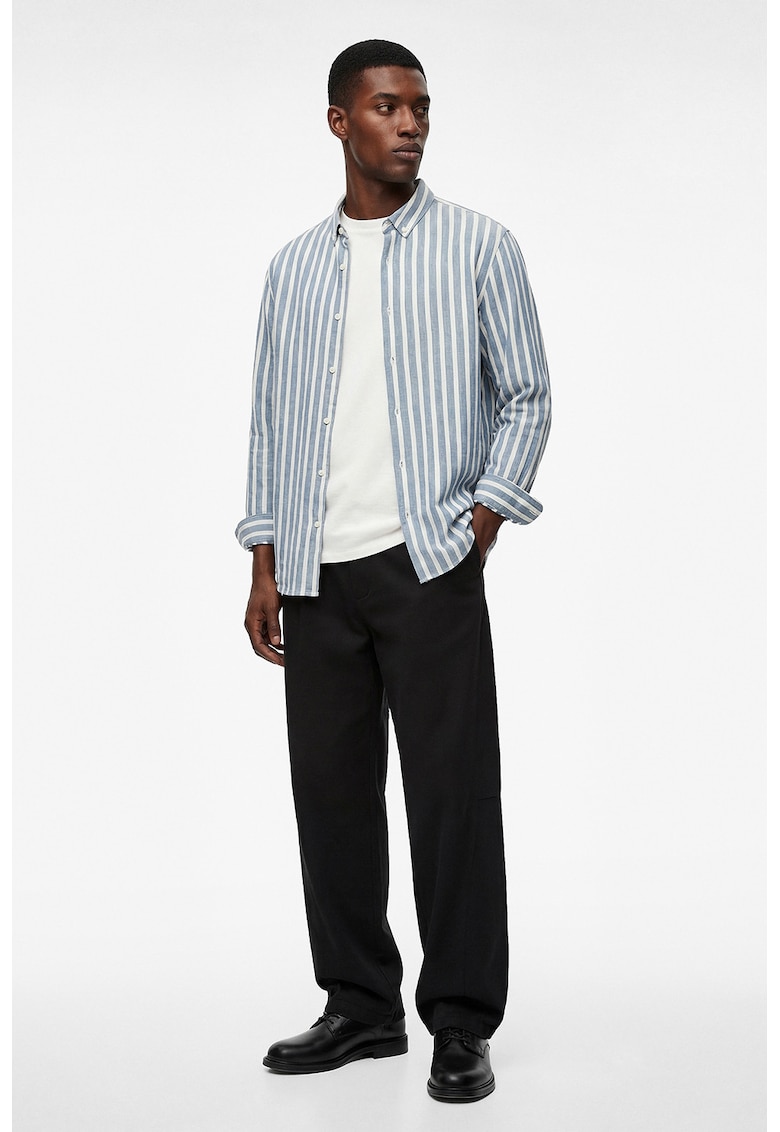 Camasa cu dungi si guler fixat cu nasturi - Albastru petrol/Crem