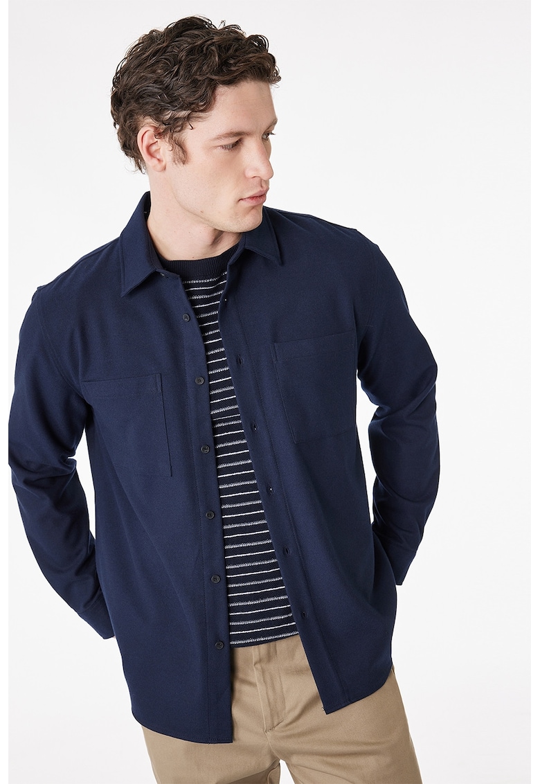 Camasa uni cu buzunare pe piept - Bleumarin