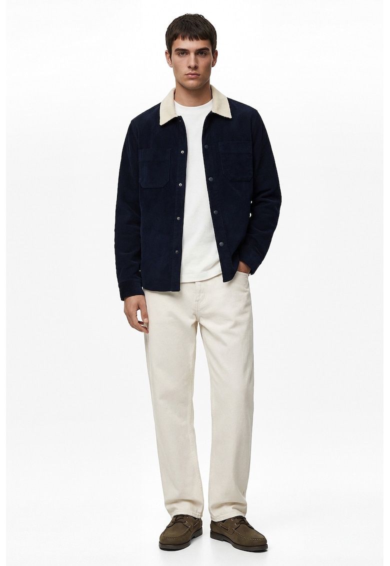 Jacheta-camasa din reiat si guler contrastant - Alb fildes/Albastru ultramarin