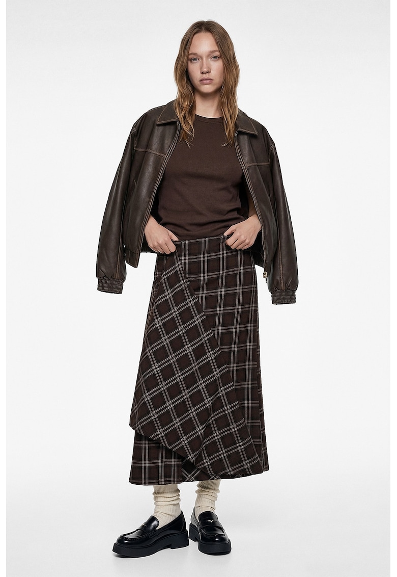 Fusta asimetrica in carouri - Alb/Maro inchis