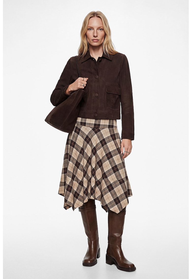 Fusta asimetrica in carouri - Maro inchis/Bej