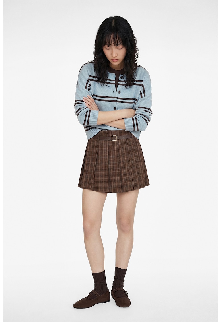 Fusta-pantalon mini in carouri cu o curea - Maro