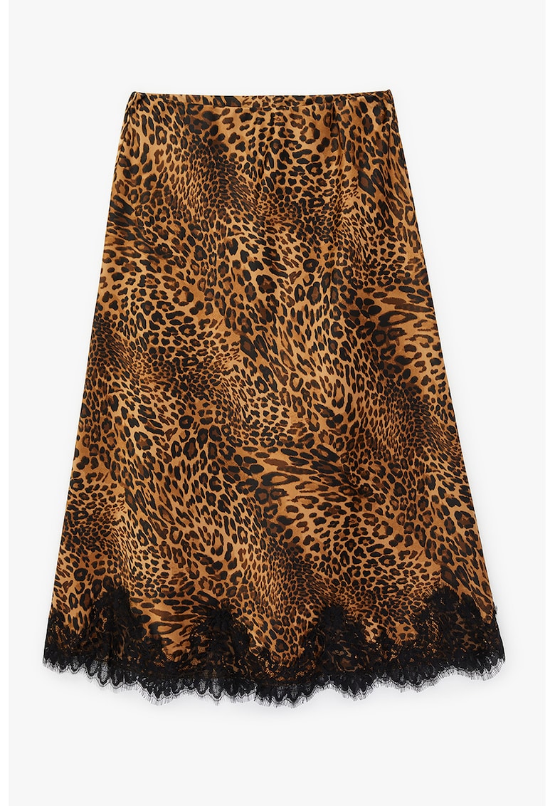 Fusta evazata cu aplicatie de dantela - Negru/Maro scortisoara