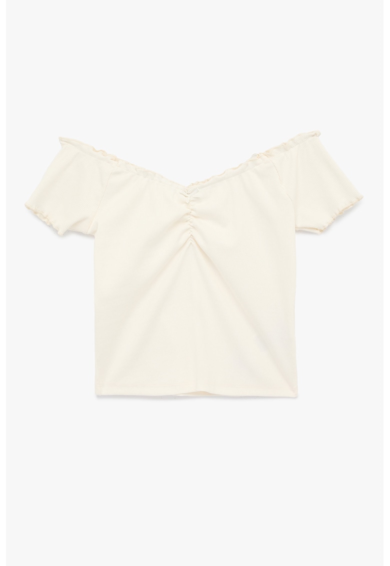 Tricou cu decolteu in V si fronseu - Alb fildes