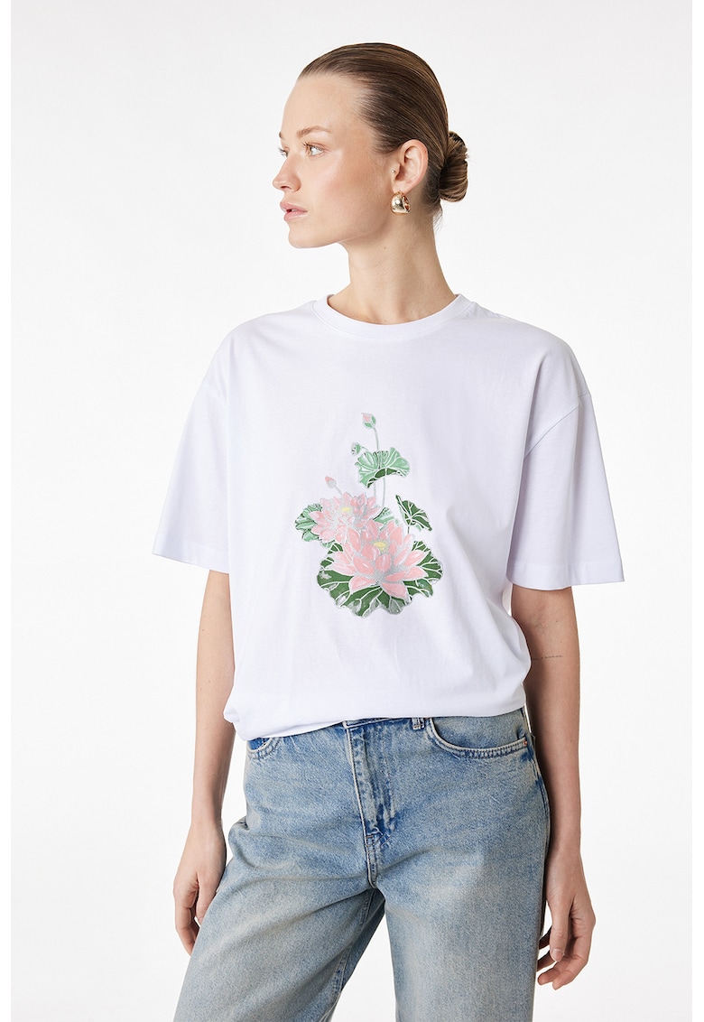 Tricou lejer cu model floral - Alb/Verde/Roz