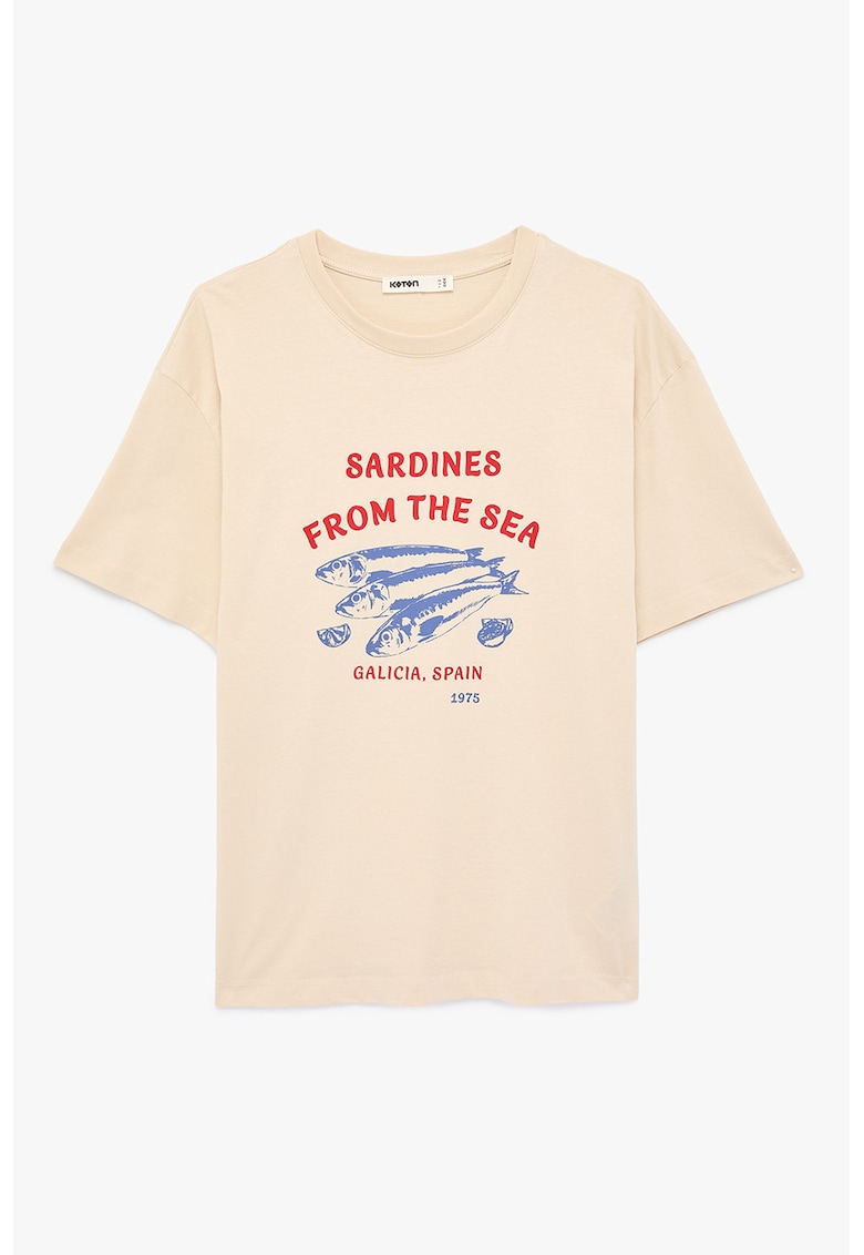 Tricou cu decolteu la baza gatului si imprimeu - Coral/Bej deschis