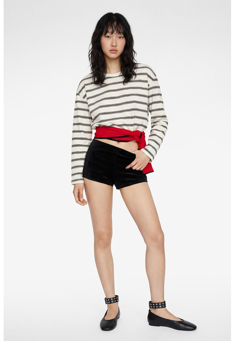 Bluza cu decolteu la baza gatului si dungi - Maro inchis/Alb murdar