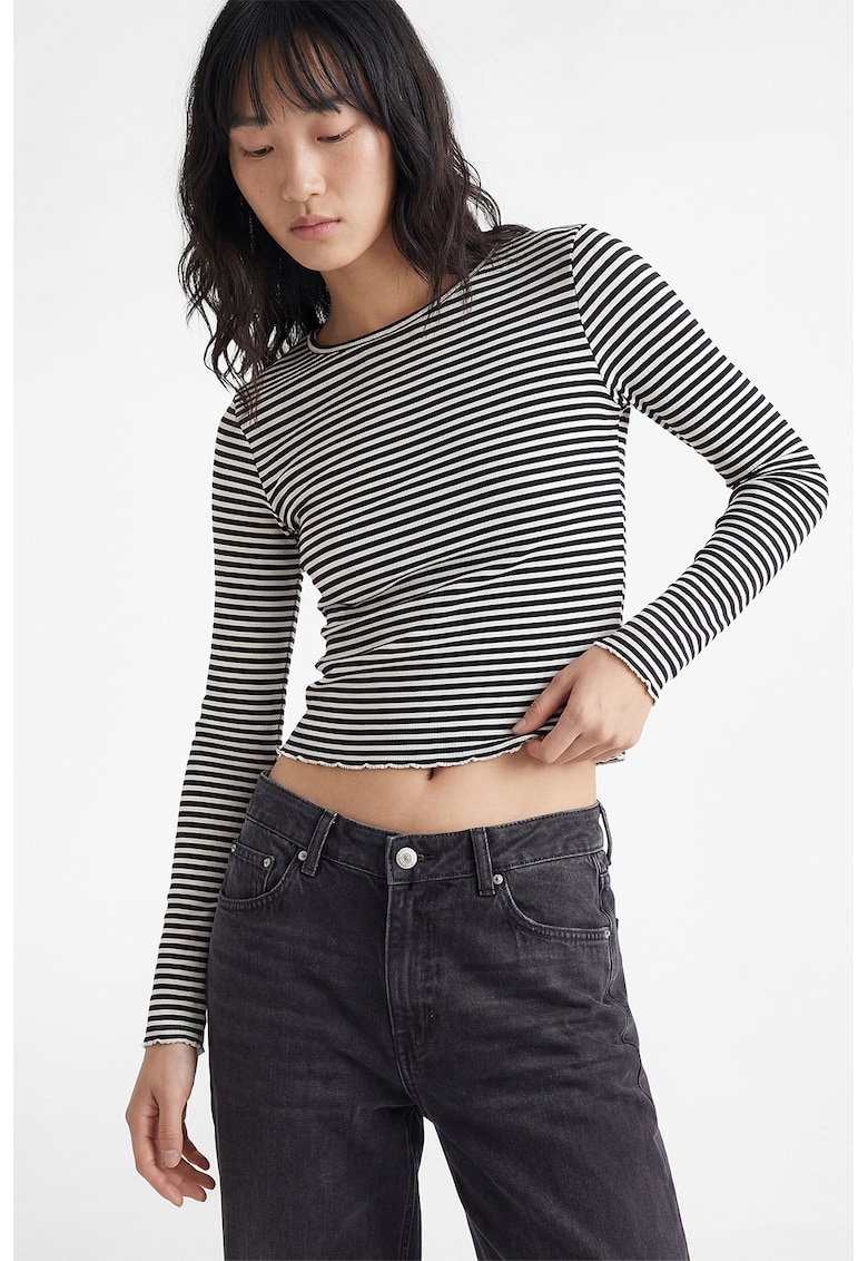 Bluza crop in dungi - Alb optic/Bleumarin