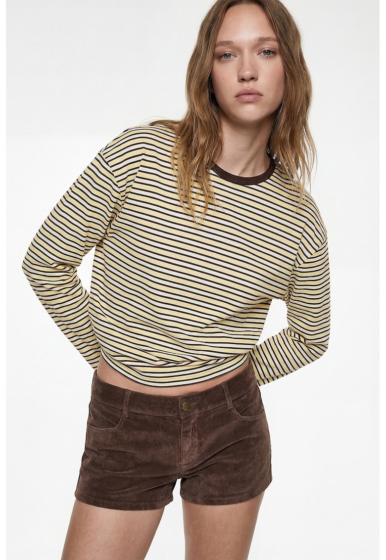 Bliza in dungi cu maneci cazute - Alb/Maro inchis/Galben pai