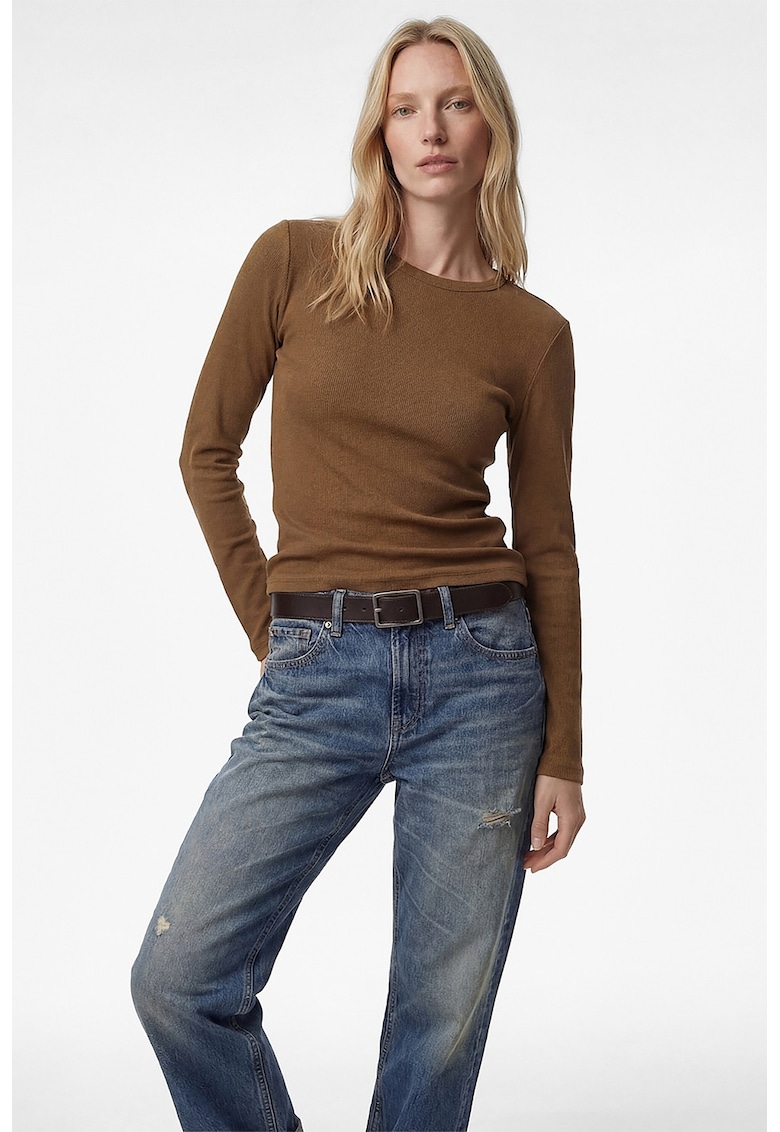 Bluza slim fit cu decolteu rotund - Maro