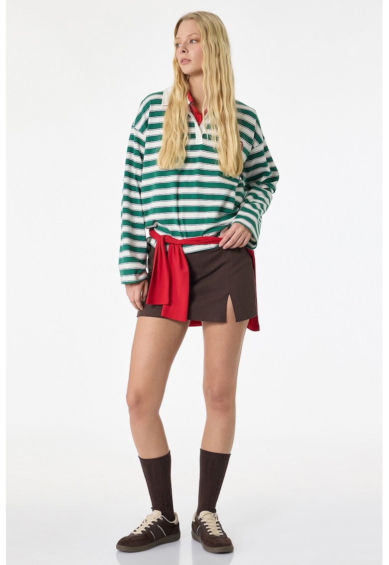 Bluza polo supradimensionata cu imprimeu text si dungi - Alb/Verde