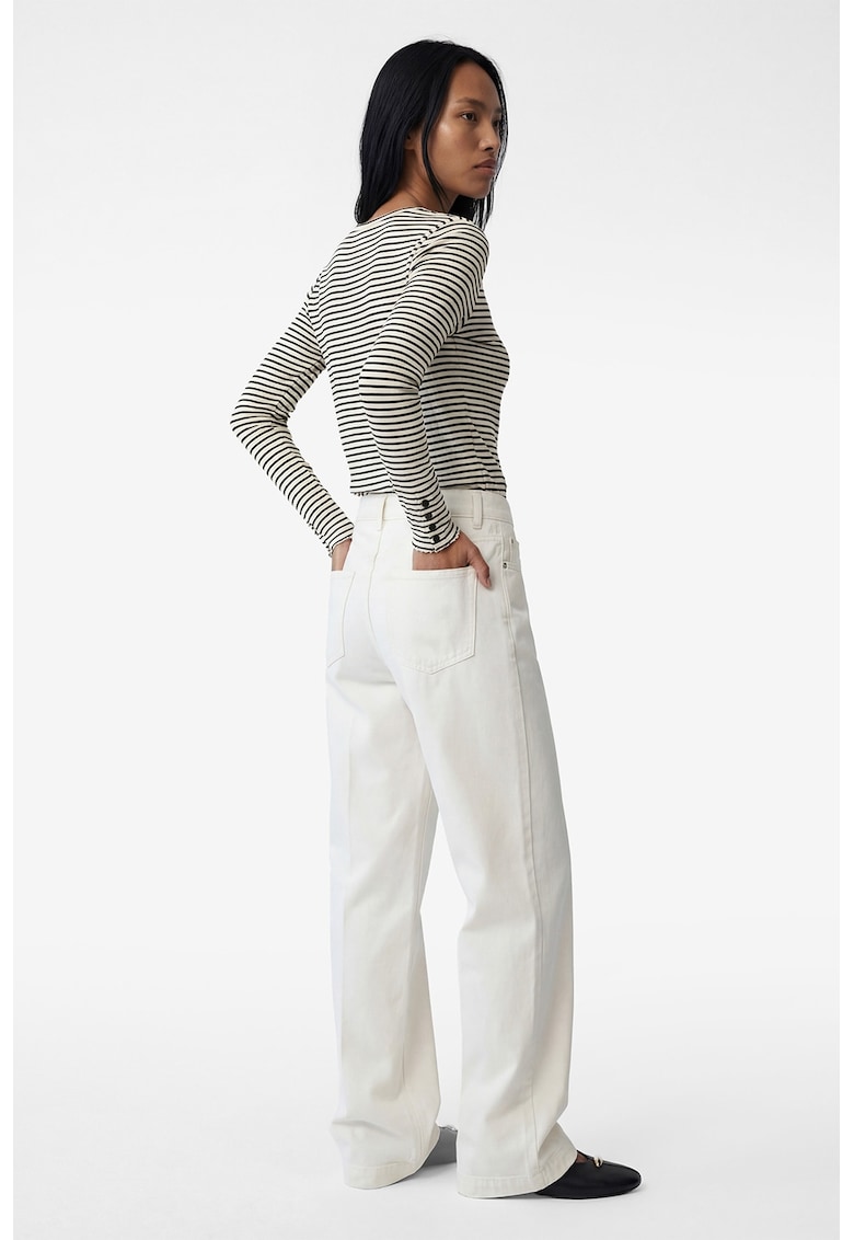 Bluza cu dungi si decolteu la baza gatului - Negru/Bej deschis