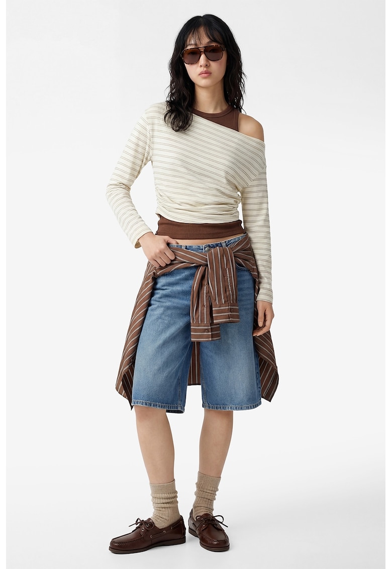 Bluza cu dungi si decolteu pe un umar - Alb fildes/Negru