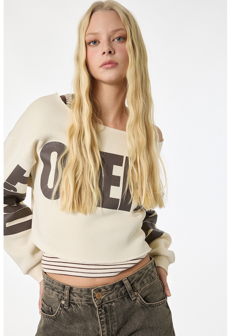 Bluza de trening crop cu imprimeu - Bej deschis/Maro pamantiu