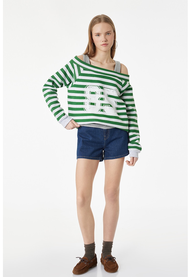 Bluza in dungi cu decolteu pe un umar - Verde aquamarin/Gri deschis melange